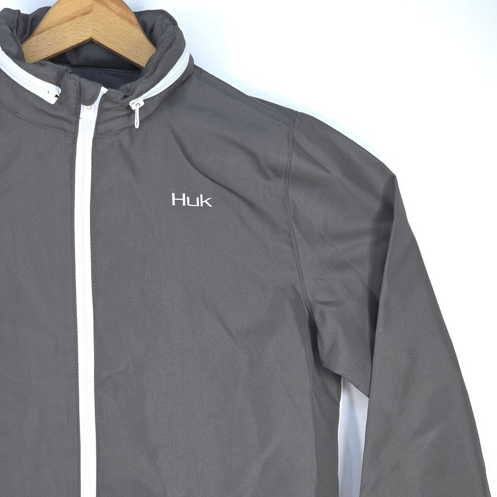 Huk Breaker Performance Windbreaker Jacket Gray Hooded Lightweight Shell Medium - Picture 11 of 16